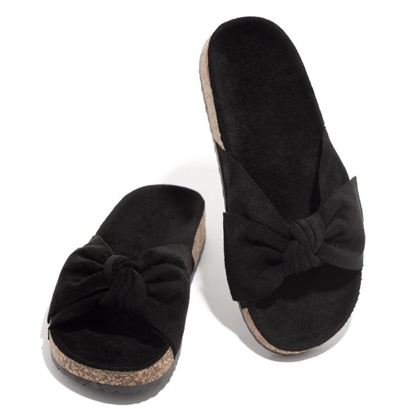 NEW🔥 Black Over-Size Bow Open Toe Cork Slide Flat Sandal Flip Flop Size 7 - Picture 3 of 4
